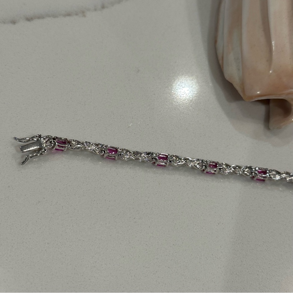 Sterling Silver 925 Hot Pink Topaz Gemstone Oval Tennis Bracelet 7.5” Length - Picture 9 of 12